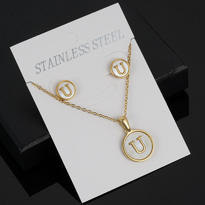 Style simple lettre ronde en acier inoxydable plaqué or boucles d'oreilles collier ensemble de 3 pièces