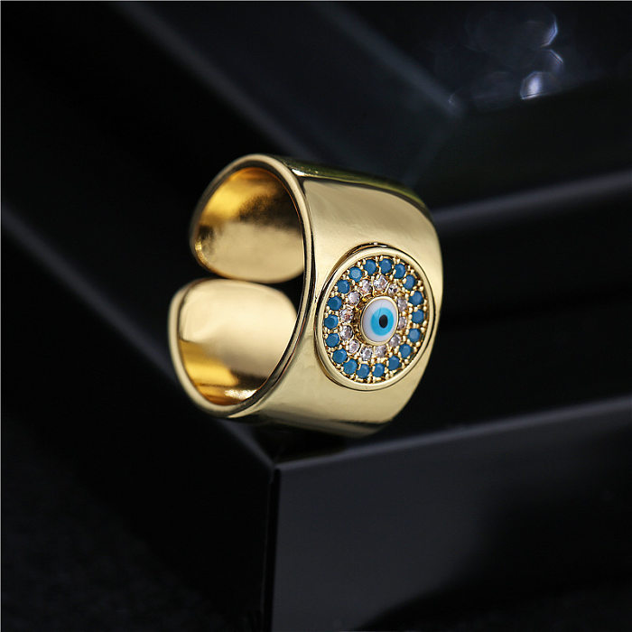 Aogu Cross-Border New 18K Gold Plated Copper Micro-Inlaid Ornament 11mm Wide Open Devil Eye Ring For Women