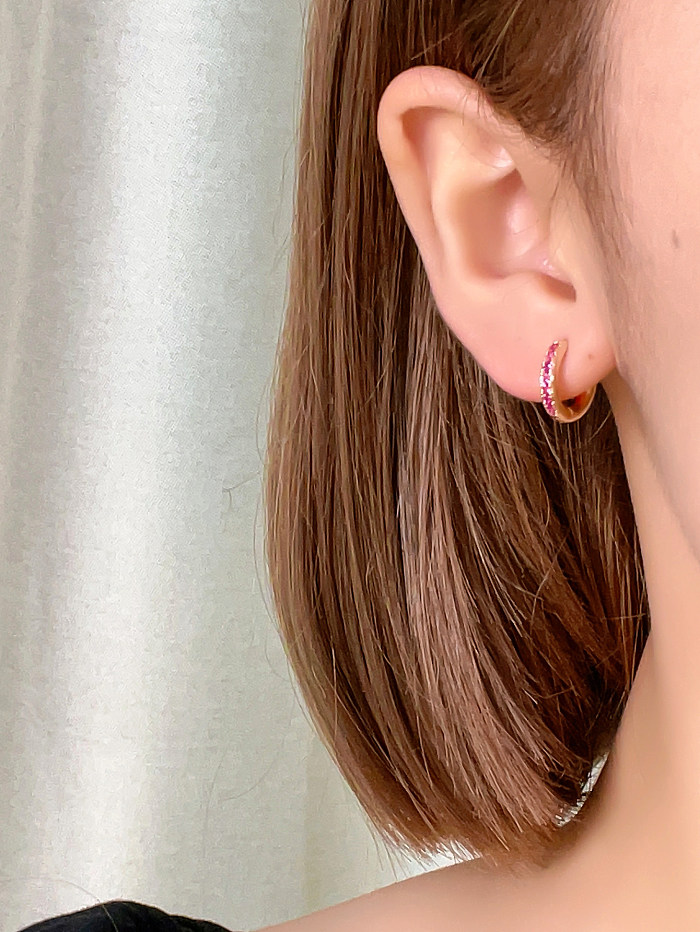 1 paire de boucles d'oreilles créoles en cuivre et Zircon, Style Simple et décontracté, incrustation ronde en cuivre plaqué or blanc