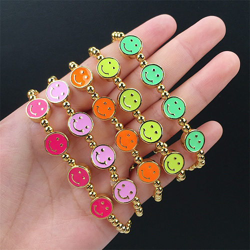 European And American Style Design Metal Beaded Elastic Bracelet Personalized Dripping Smiley Face Stitching Hip Hop Bracelet Jewelry Wholesale