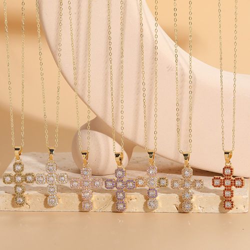 Elegant Classic Style Cross Copper Plating Inlay Zircon 14K Gold Plated Pendant Necklace
