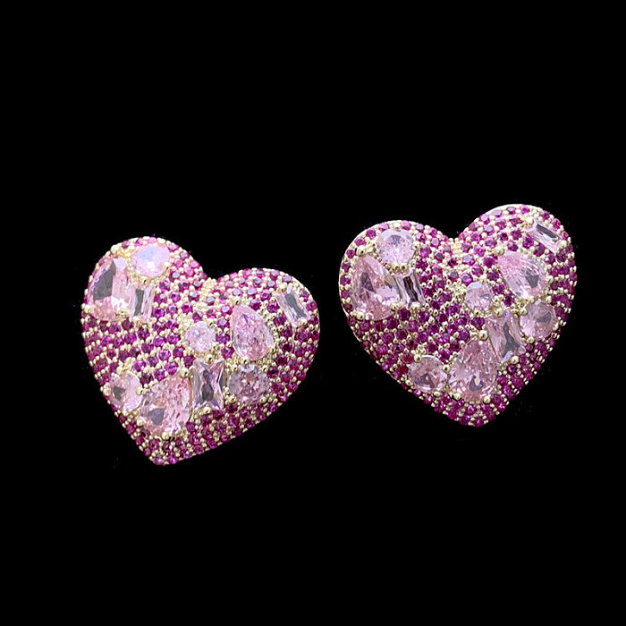 1 Pair Fairy Style Heart Shape Inlay Copper Zircon Ear Studs