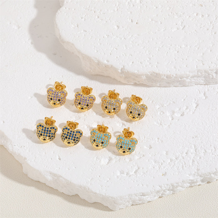 1 Pair Cute Simple Style Bear Plating Inlay Copper Zircon 14K Gold Plated Ear Studs