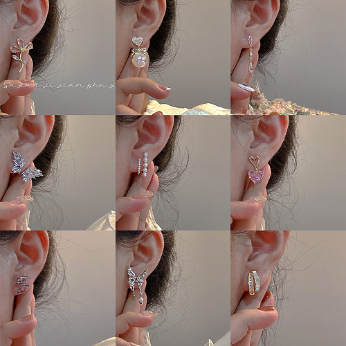 Boucles d'oreilles créoles en forme de cœur doux, ailes, nœud papillon, incrustation de cuivre, perles artificielles, diamants artificiels, boucles d'oreilles pendantes, clous d'oreilles, 1 paire