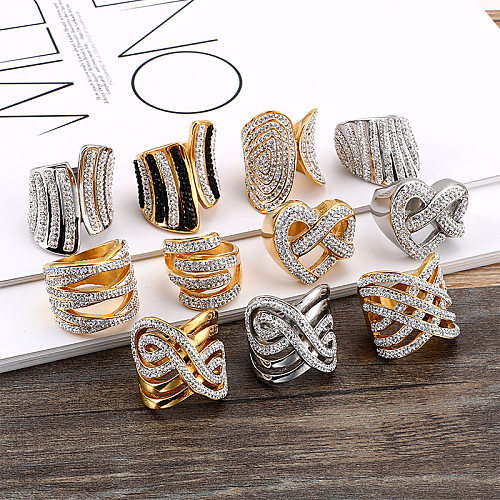 Europäischer und amerikanischer Mode-Volldiamant-Ring aus Edelstahl, galvanisiert, 18 Karat echtes Gold, übertrieben, großes Netz, gewebt, weiblicher Rohring-Schmuck