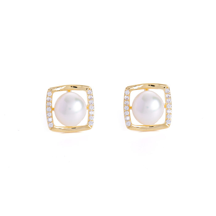 1 Pair Original Design Square Plating Inlay Freshwater Pearl Copper Zircon Ear Studs