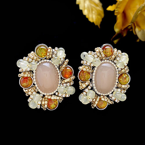1 Pair Retro Flower Inlay Copper Artificial Crystal Resin Ear Studs