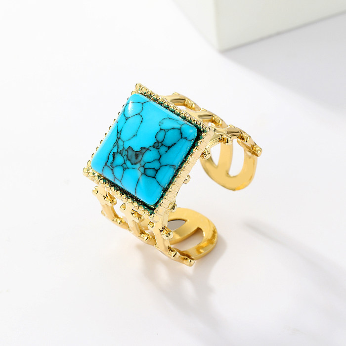 1 Piece Vintage Style Round Square Stainless Steel Inlay Turquoise Open Ring