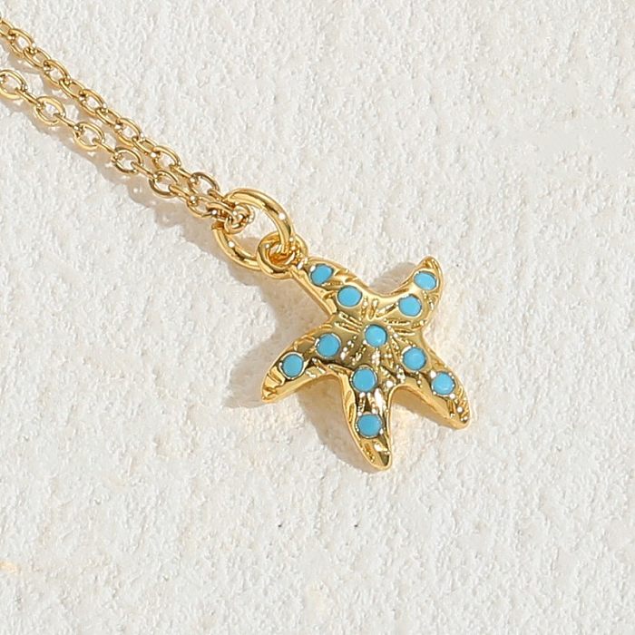 Vacation Beach Classic Style Starfish Hippocampus Shell Copper Plating Inlay Zircon 14K Gold Plated Pendant Necklace
