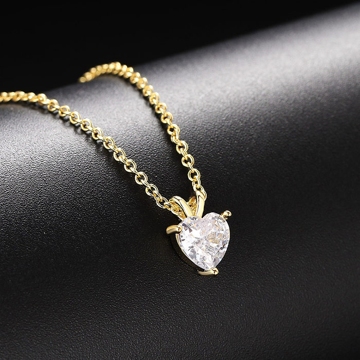 Simple Style Heart Shape Copper Inlay Zircon Pendant Necklace 1 Piece
