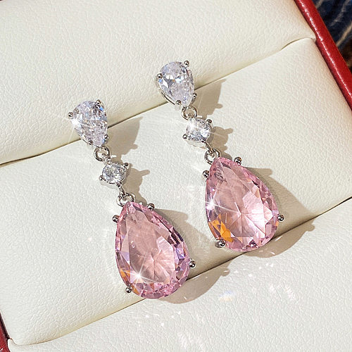 1 Pair Elegant Water Droplets Copper Inlay Artificial Gemstones Drop Earrings