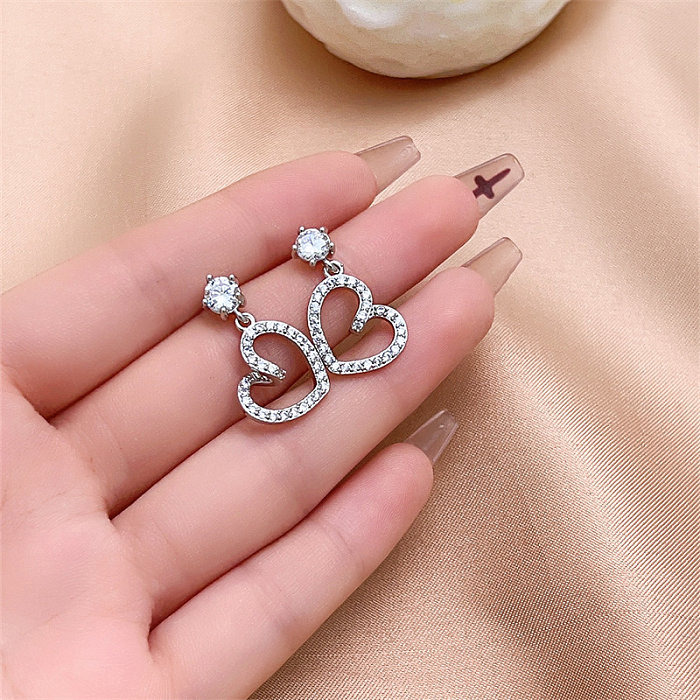 1 Pair Casual Simple Style Heart Shape Plating Inlay Copper Zircon White Gold Plated Drop Earrings