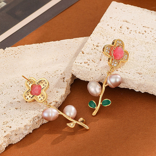 1 paire de clous d'oreilles en Zircon, incrustation de fleur de Style Simple et doux, perle d'eau douce, cuivre cristal Zircon