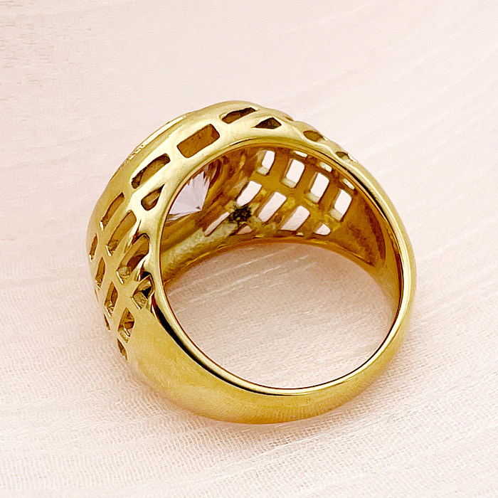 Luxuoso estilo romano geométrico em aço inoxidável com incrustações de zircão anéis banhados a ouro