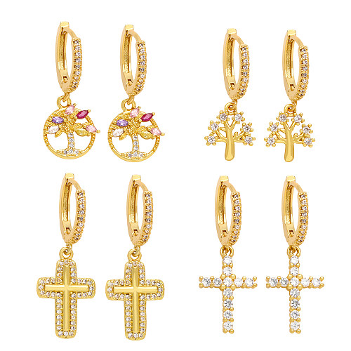 1 paire de boucles d'oreilles pendantes plaquées or 18 carats, Style moderne, incrustation de placage d'arbre croisé en cuivre et Zircon