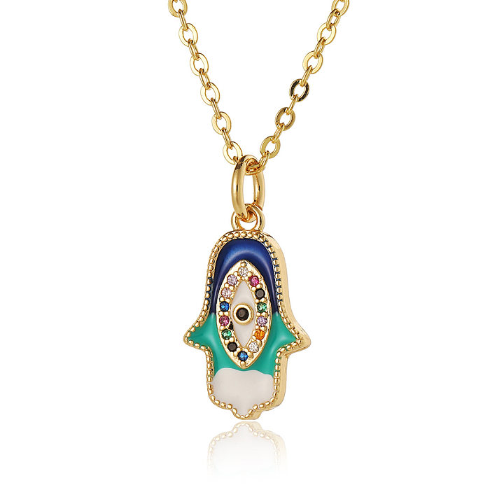 Style ethnique oeil du diable main de Fatima forme de coeur cuivre émail placage incrustation Zircon pendentif collier