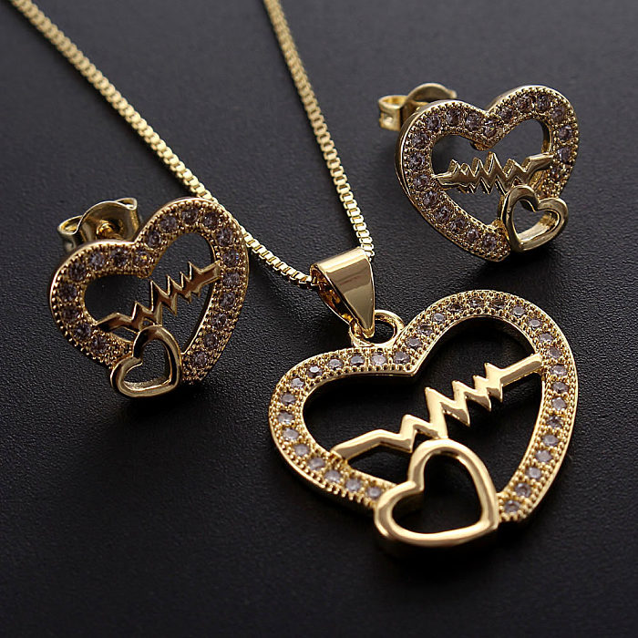 مجموعة مجوهرات مطلية بالذهب مرصعة بالنحاس على شكل قلب بتصميم بسيط
