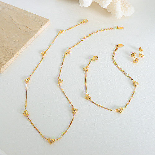 Elegante estilo simples formato de coração titânio aço incrustado zircão banhado a ouro 18K pulseiras brincos colar