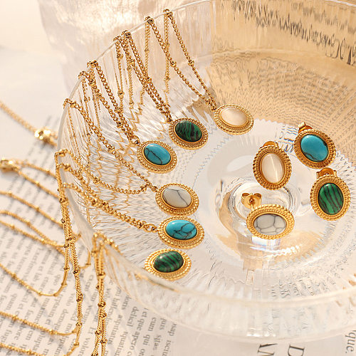 Modische Suite aus Halskette und Ohrringen mit türkisfarbenem Opal-Anhänger aus Titanstahl