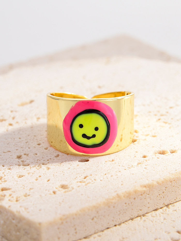 Niedliche offene Ringe im Vintage-Stil mit rundem Smiley-Gesicht, Kupfer-Emaille-Beschichtung, vergoldet