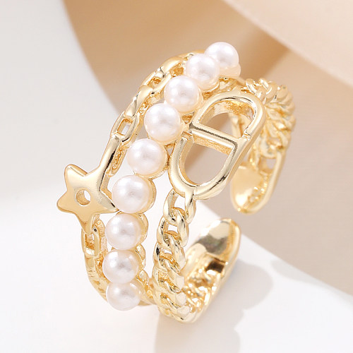 Elegante Streetwear-offene Ringe mit geometrischem Kupfer-Inlay und künstlichen Perlen