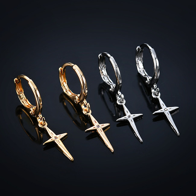 1 Pair Simple Style Commute Cross Plating Inlay Copper Zircon Gold Plated Silver Plated Drop Earrings