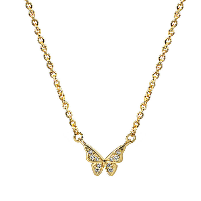 Classic Style Butterfly Copper Plating Inlay Artificial Gemstones 18K Gold Plated Pendant Necklace
