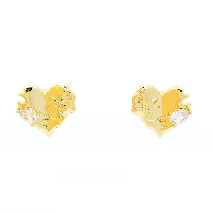 1 Pair Simple Style Shiny Irregular Heart Shape Plating Inlay Copper Zircon 18K Gold Plated Ear Studs