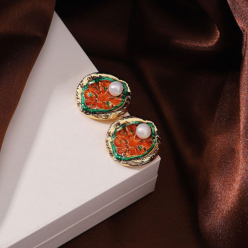 1 Pair IG Style Retro Irregular Painted Plating Inlay Copper Artificial Pearls 18K Gold Plated Ear Studs