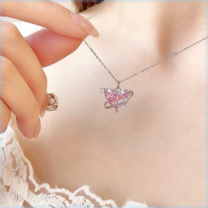 Sweet Heart Shape Copper Inlay Artificial Diamond Pendant Necklace