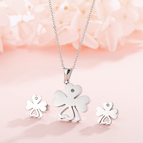 New Stainless Steel Hollow Four-leaf Clover Clavicle Necklace Earrings Two-piece Set Wholesale