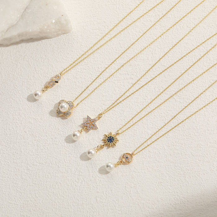 Elegante, klassische Pentagramm-Teufelsauge-Unendlichkeits-Kupfer-Halskette mit 14 Karat vergoldetem Perlen-Zirkon-Anhänger in großen Mengen