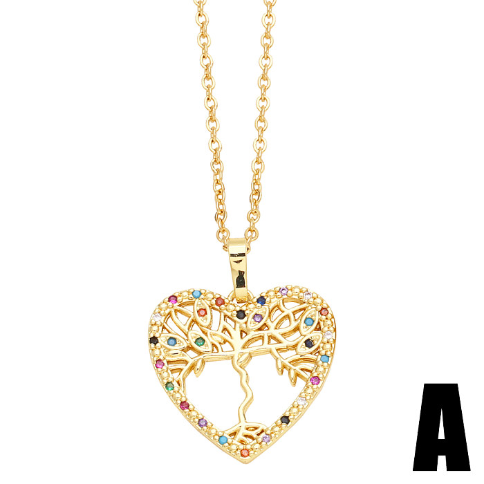 INS Style Tree Heart Shape Copper Plating Inlay Zircon 18K Gold Plated Pendant Necklace
