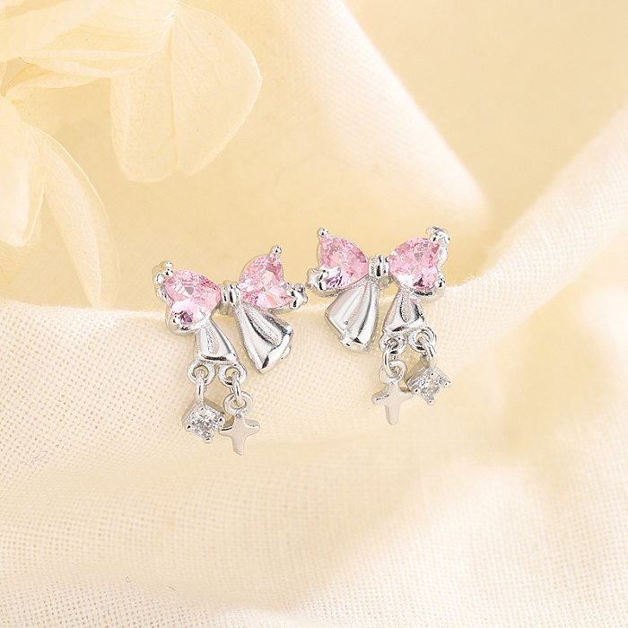 1 Pair Elegant Sweet Star Bow Knot Inlay Copper Zircon Earrings