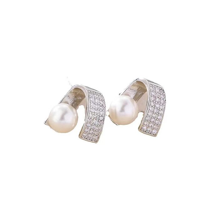 1 Pair Elegant Geometric Inlay Copper Pearl Zircon Ear Studs