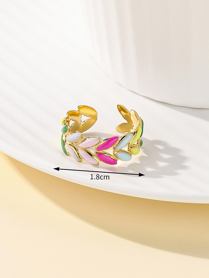 Elegant Tropical Streetwear Leaves Stainless Steel Plating Inlay Zircon 18K Gold Plated Rings