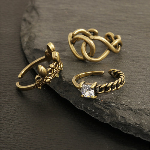 Correntes de cor sólida estilo vintage estampadas com revestimento de cobre e zircão anéis abertos banhados a ouro 18K
