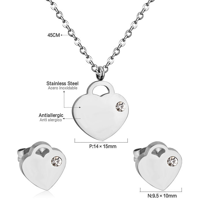 Ensemble de boucles d'oreilles et collier en Zircon, Style Simple, en forme de cœur, incrustation en acier inoxydable, 1 ensemble