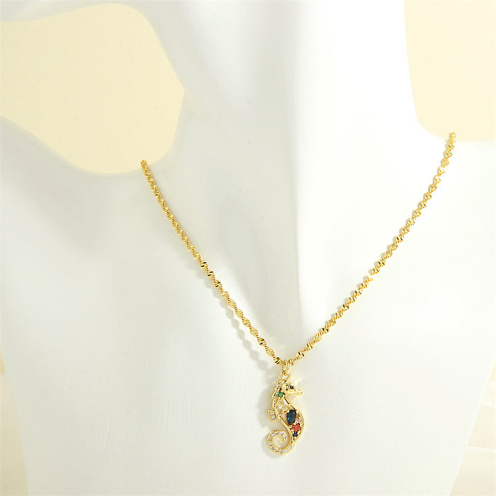 Simple Style Hippocampus Copper 18K Gold Plated Zircon Pendant Necklace In Bulk