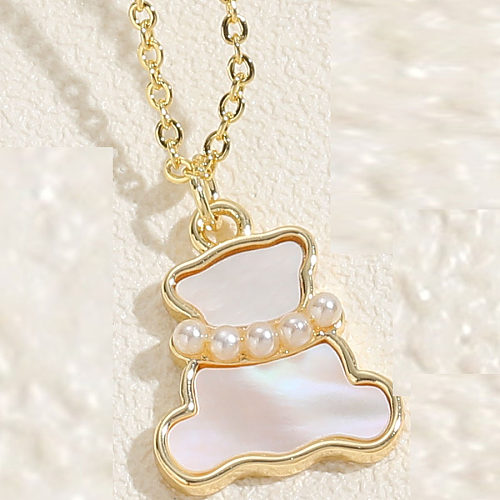Sweet Commute Clouds Bear Rose Copper Plating Inlay Pearl Shell Zircon 14K Gold Plated Pendant Necklace