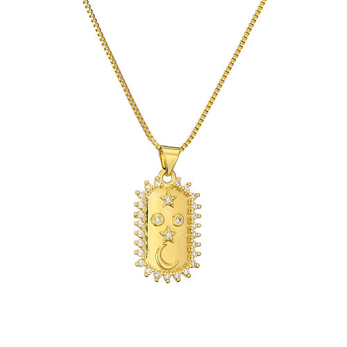Schlichter Stil Pendel-Halskette mit Stern- und Mond-Kupferbeschichtung, Inlay, Zirkon, vergoldet
