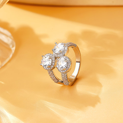 Elegante estilo moderno estilo simples redondo revestimento de cobre incrustado strass zircão anéis banhados a ouro branco