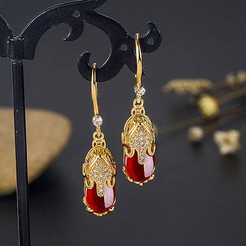 1 Pair Chinoiserie Retro Animal Copper Inlay Artificial Gemstones Drop Earrings