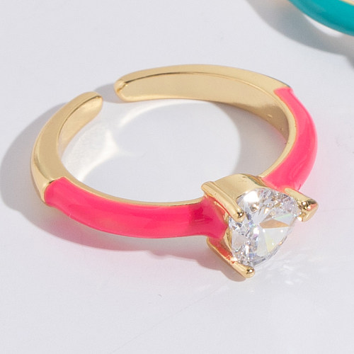 Fashion Heart Shape Copper Enamel Gold Plated Zircon Open Ring 1 Piece