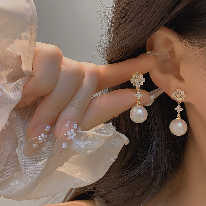 1 paire de boucles d'oreilles pendantes plaquées or 14 carats, Style Simple, incrustation de fleurs en cuivre et Zircon