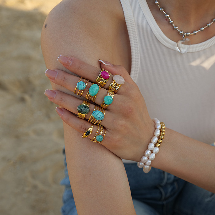 IG Style Lässige ovale offene Ringe mit Edelstahlbeschichtung und türkisfarbener 18-Karat-Vergoldung