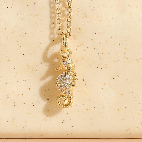 Elegant Lady Hippocampus Copper Plating Inlay Zircon 14K Gold Plated Pendant Necklace