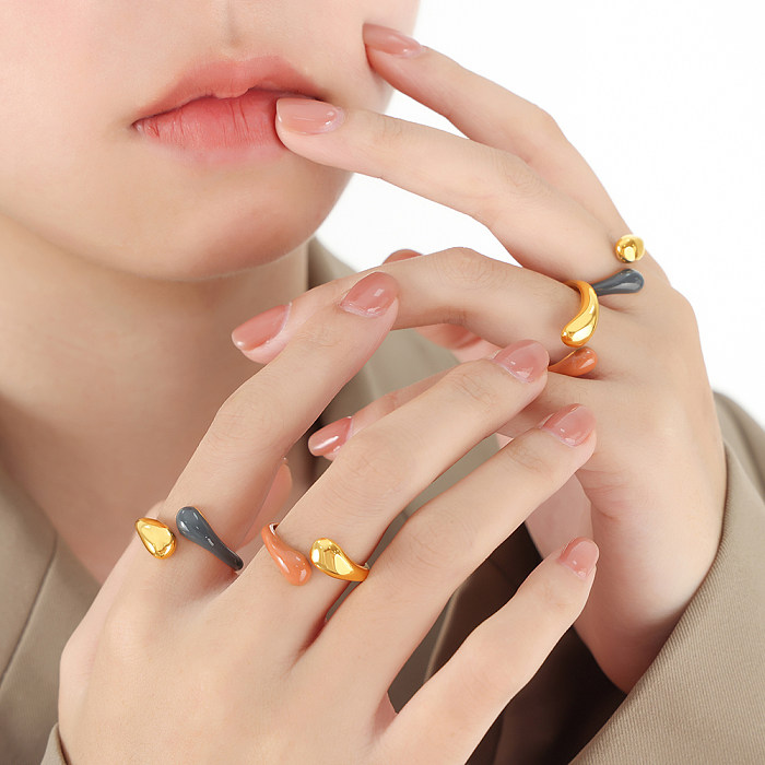 French Style Romantic Water Droplets Titanium Steel Enamel Plating 18K Gold Plated Open Rings