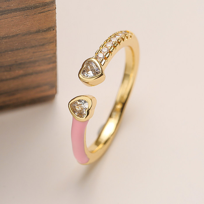 Simple Style Square Water Droplets Heart Shape Copper Enamel Plating Inlay Zircon 18K Gold Plated Open Ring