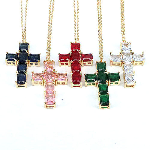 Modische Kreuz-Kupfer-vergoldete Inlay-Zirkon-Anhänger-Halskette, 1 Stück